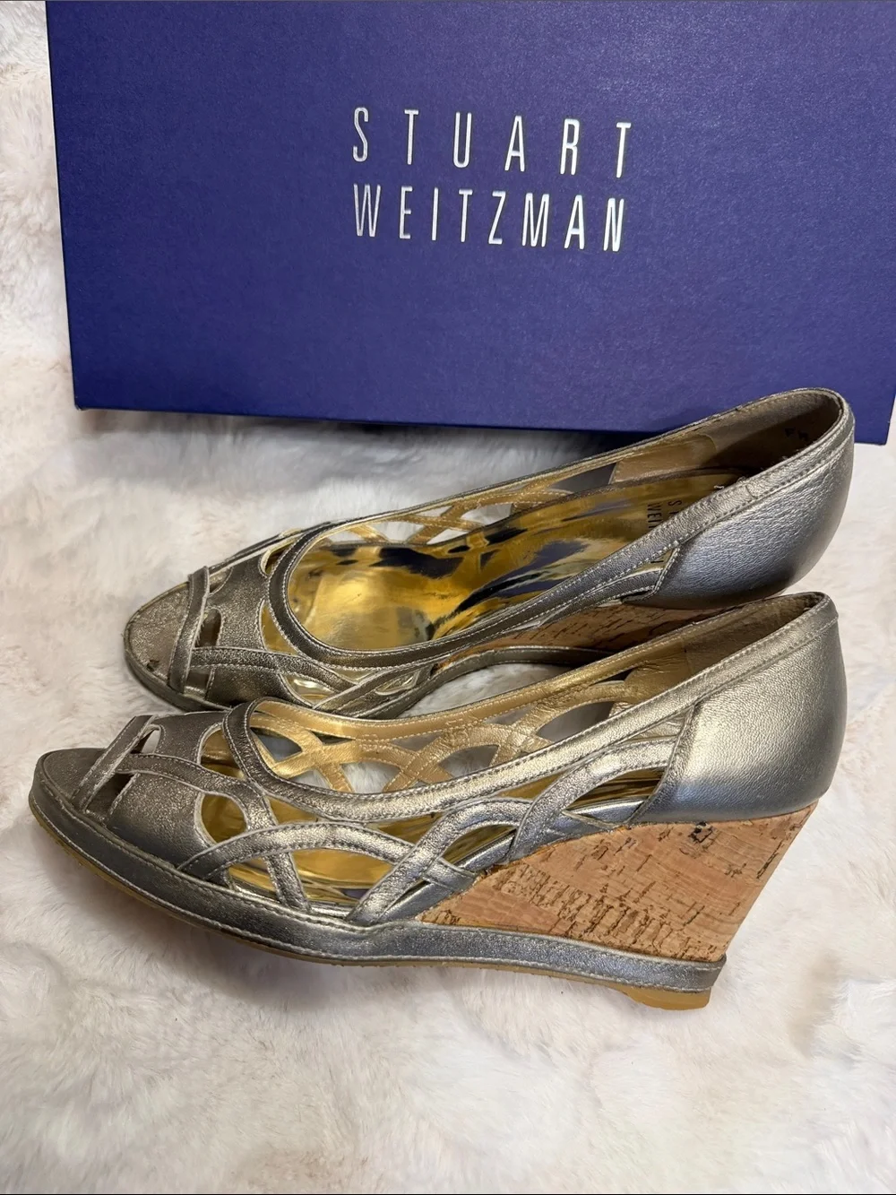 Stuart Weitzman Gold Peep Toe Wedges sz 7